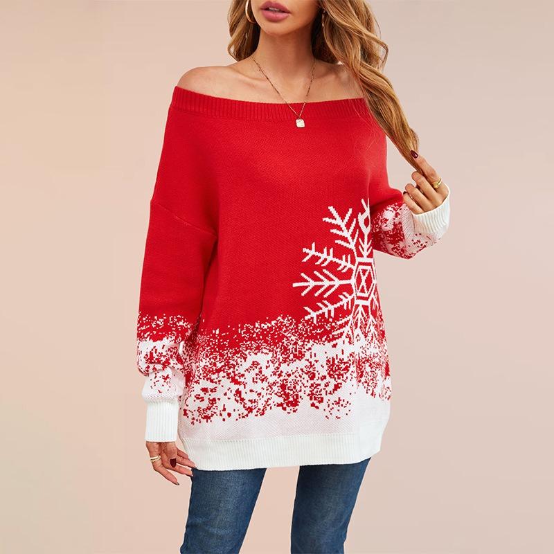 Hot Sale Little Snowflake Christmas Sweater Autumn and Winter Christmas Casual One-Neck Knitted Sweater Women