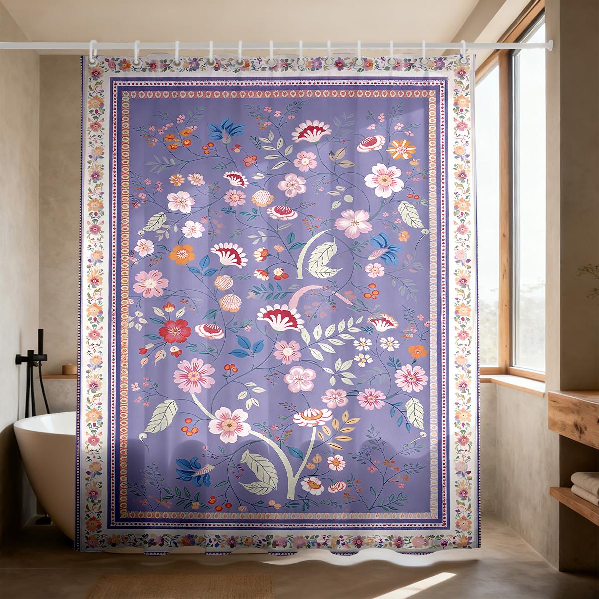 

1Pc Spring Flower Printed Waterproof Shower Curtain Partition Privacy Hanging Curtain Multiple Sizes 12 Hooks W60H190(CM)-1 Pcs