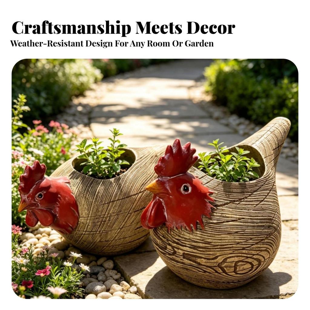 Wood-Look Chicken Planter | Ornament, Handmade, Garden Statue, for