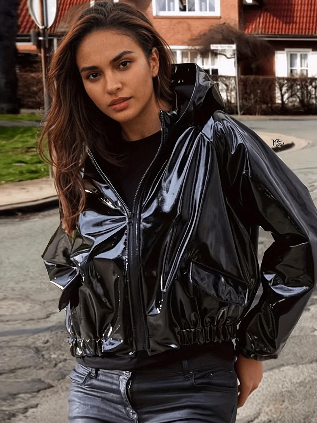 PU Hooded Leather Bomber Jacket for