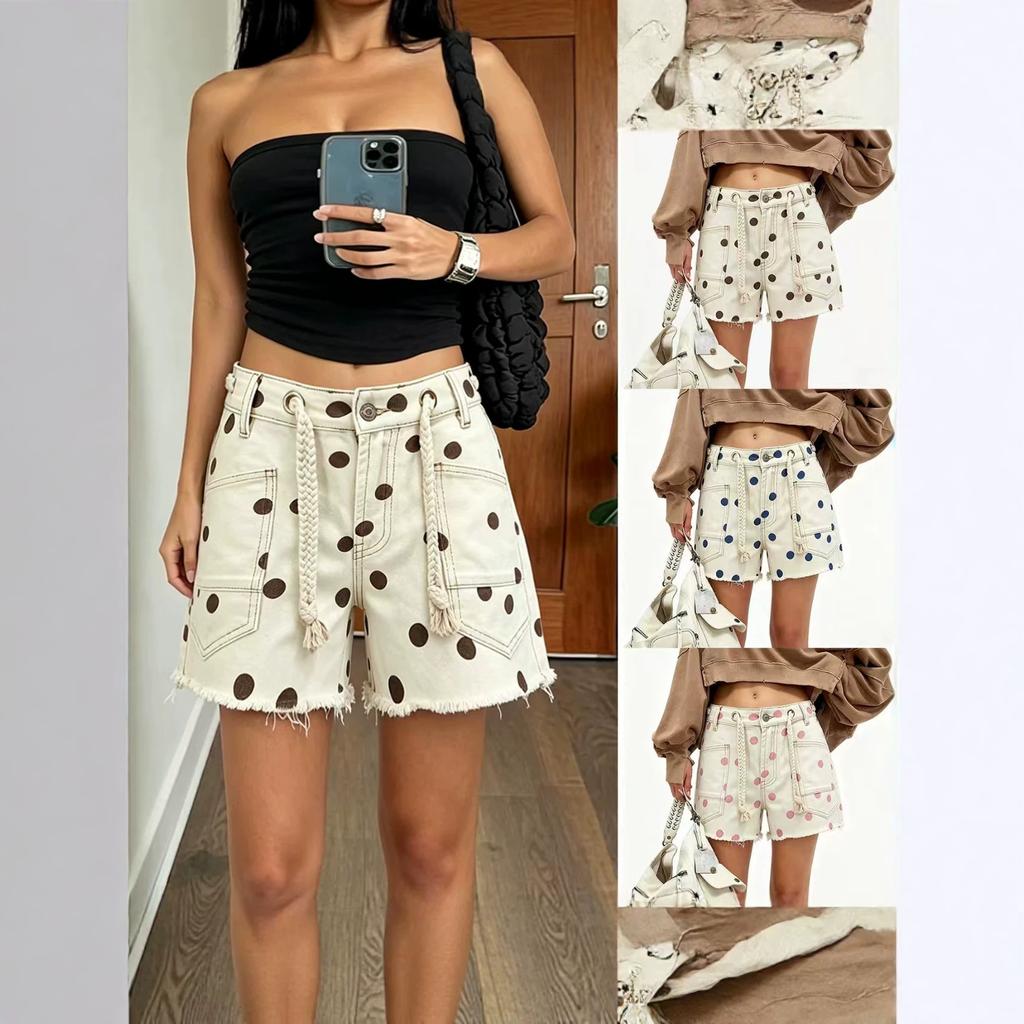 Women's Mid Rise Polka Dot Denim Shorts Fringe Hem Drawstring Casual Bermuda Shorts