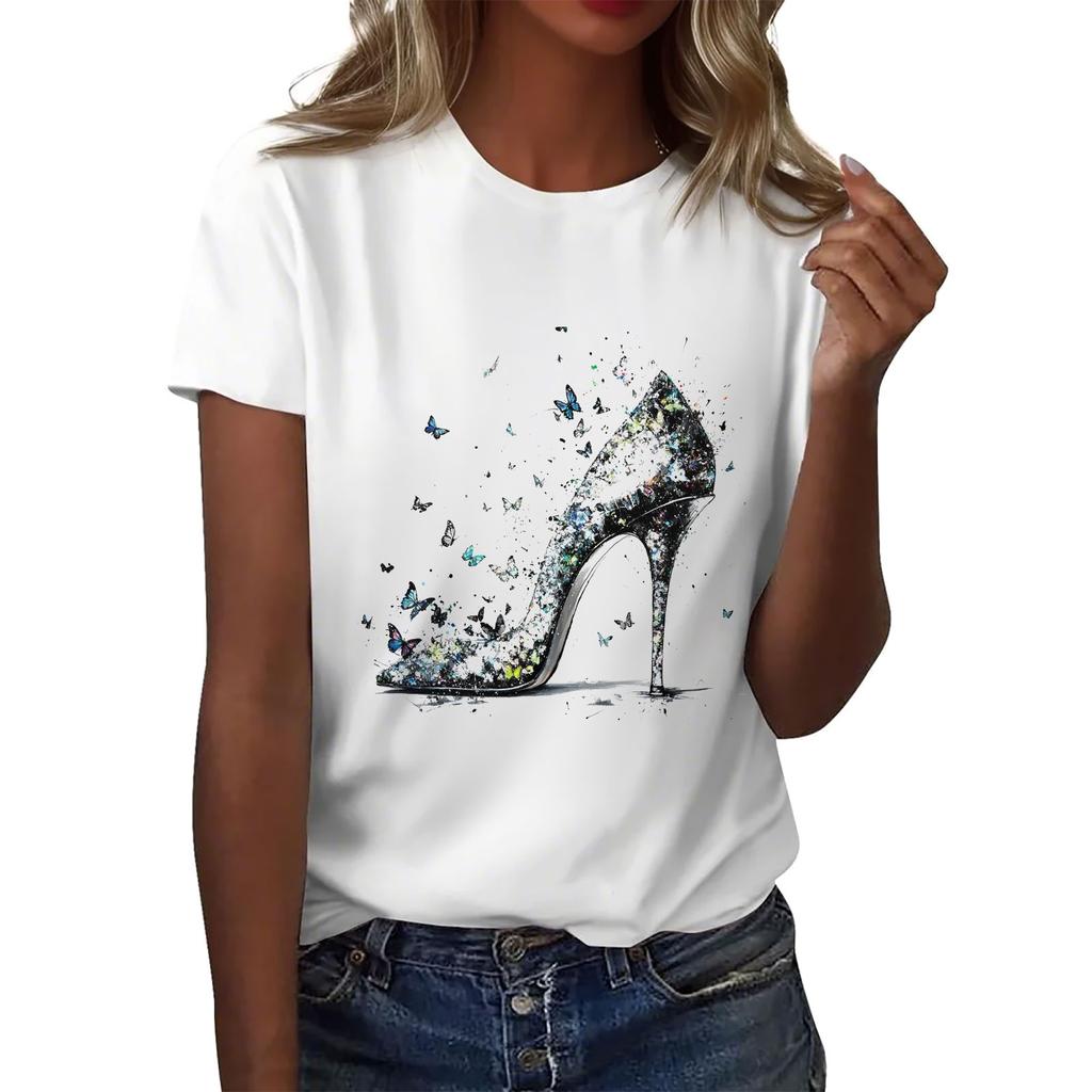 Dámské tričko s kulatým výstřihem pro volný čas s potiskem a krátkým rukávem