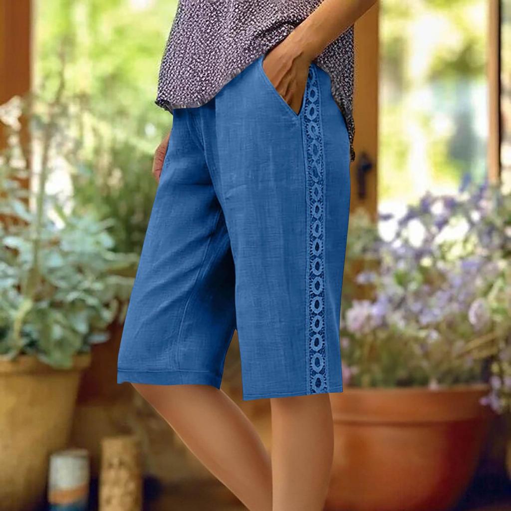 Women's Fashion Color Loose Pocket Elastic Waist Cotton Linen Casual Five Pants