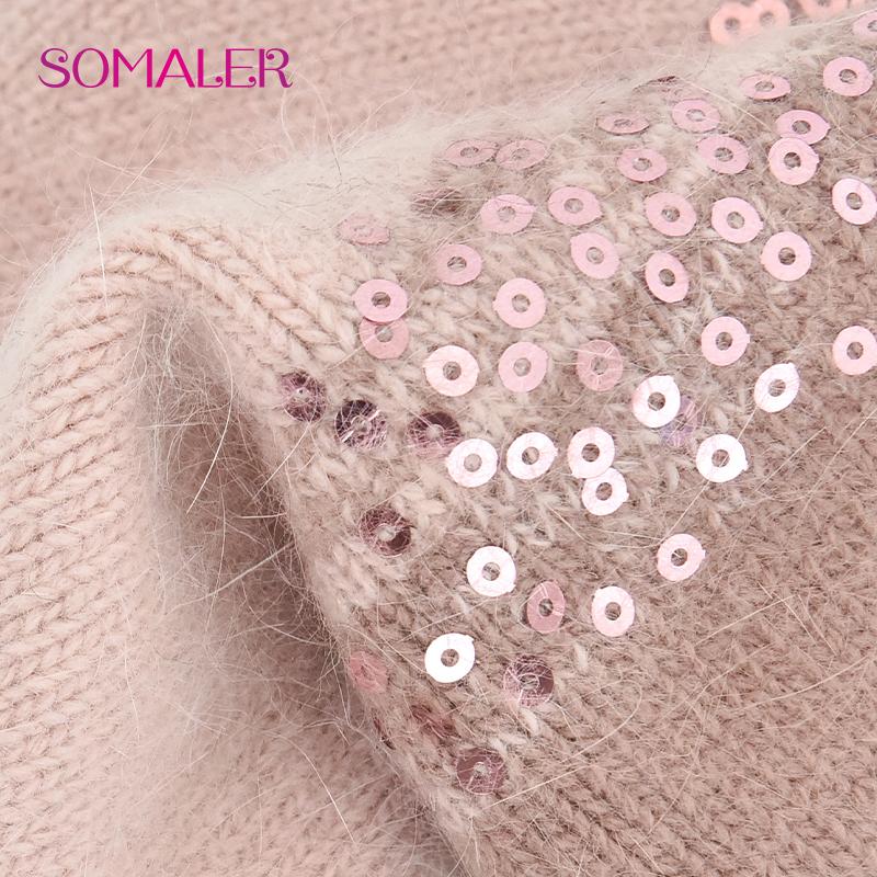 SOMALER Winter Hats for Women Warm Angora Wool Knitted Hat Fashion Sequin Beanie Hat Thick Long Rabbit Fur Hair  Skull Cap Bonnet
