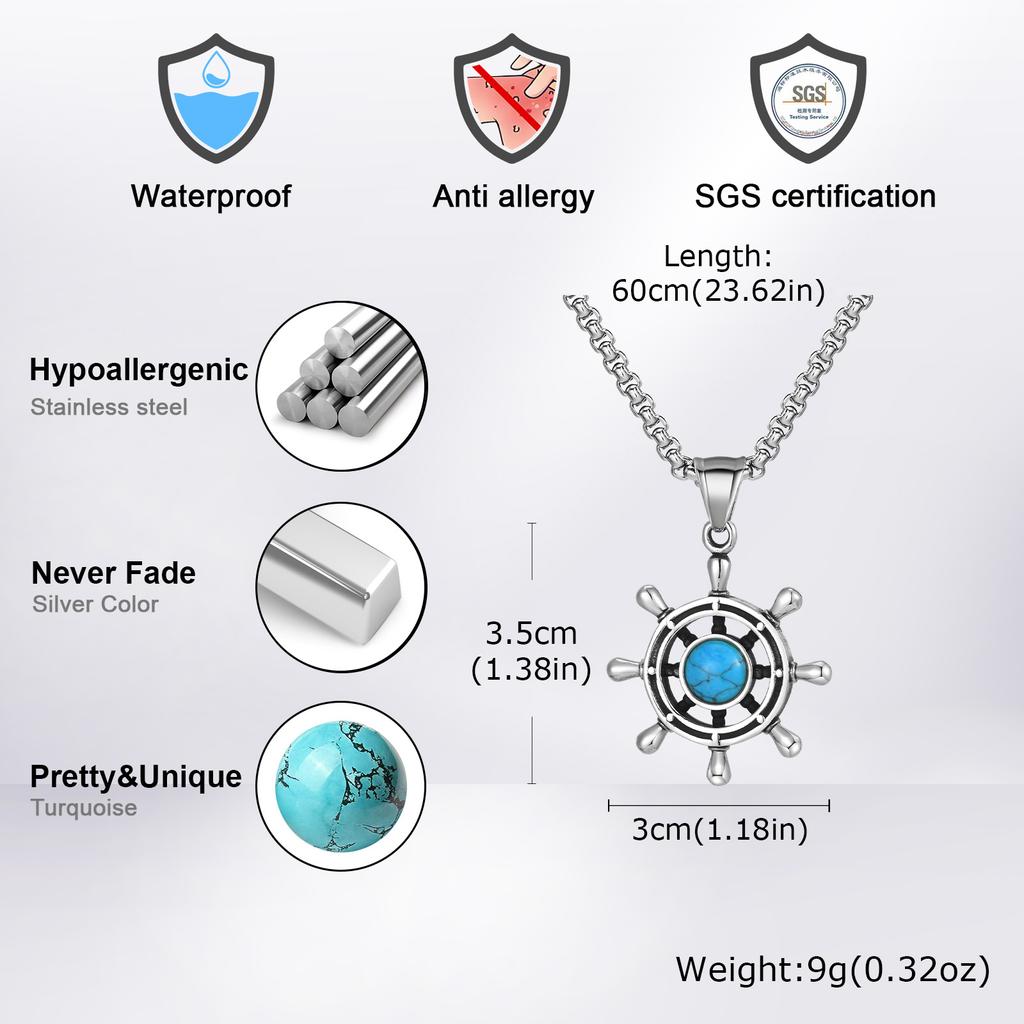 Vnox Rudder Turquoise Pendant Necklace for Men, Silver Color Stainless Steel Natural Stone Metal Necklaces, Trendy Jewelry Gifts