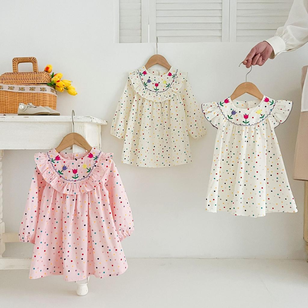 Girls Summer Cotton Polka Dot Princess Dress With Embroidered Flowers Flutter Sleeve Baby Girl Sweet Breathable Party Dress