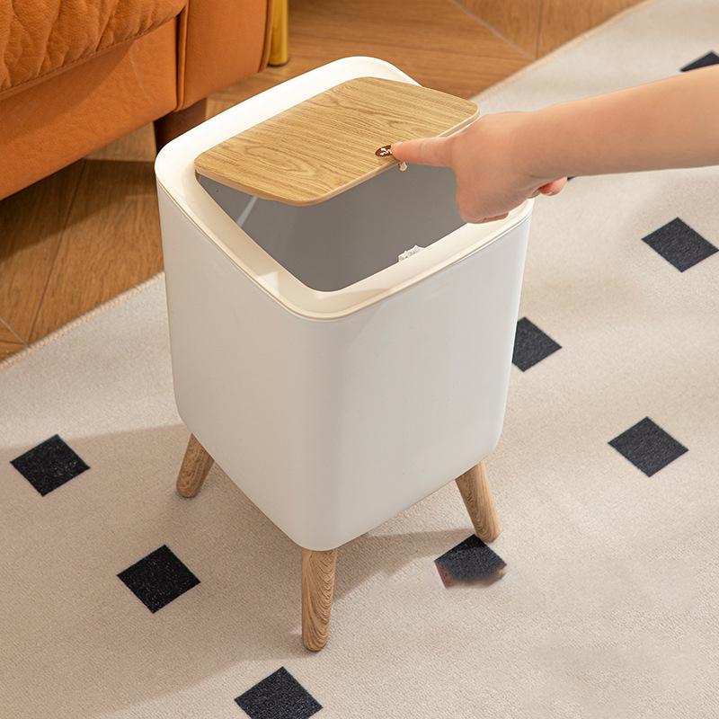 1 Piece High Clamshell Garbage Can, Suitable For Bedroom, Living Room, Bathroom, Press Trash Can, Imitation Wood Grain, White