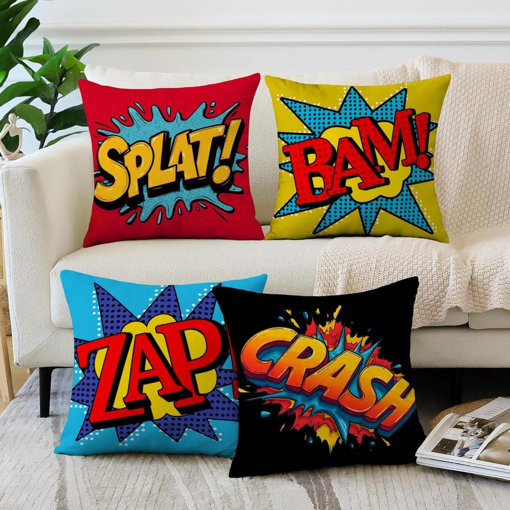 Set of 4 Super Hero Comic Throw Pillow Covers 18x18 Inch, Colorful Pop Art Decorative Cushion Covers with Splat Bam Zap Crash Designs for Sofa Couch