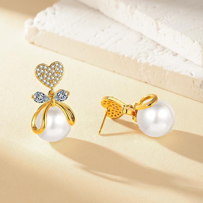 S925 Silver Needle Korean Fashion Versatile Micro-inlaid Zircon Peach Heart Bow Pearl Stud Earrings Femininity Elegant Earrings 2026