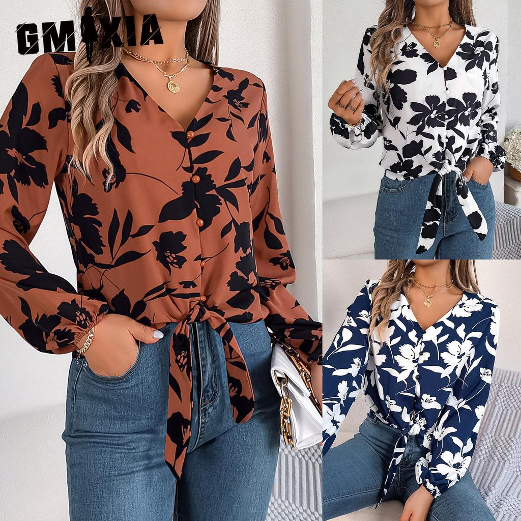 GMXIA Autumn and Winter Casual Color-blocking Flower Lantern Sleeved Lace-up Chiffon Blouse for Women
