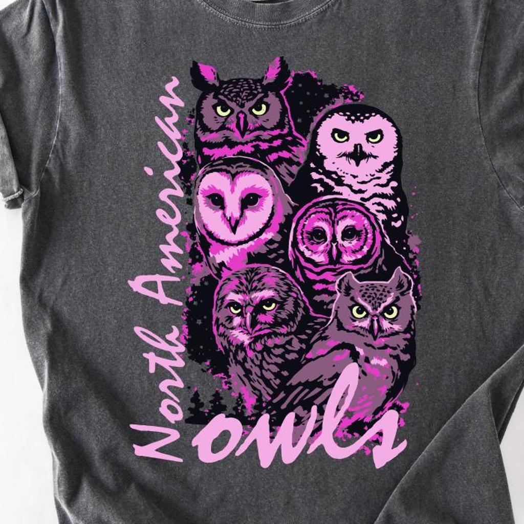 Nordamerikanische Eulen Shirt, Collage Tee, Ohreule Schleiereule Schneeeule Sperlingskauz, Vogelbeobachter