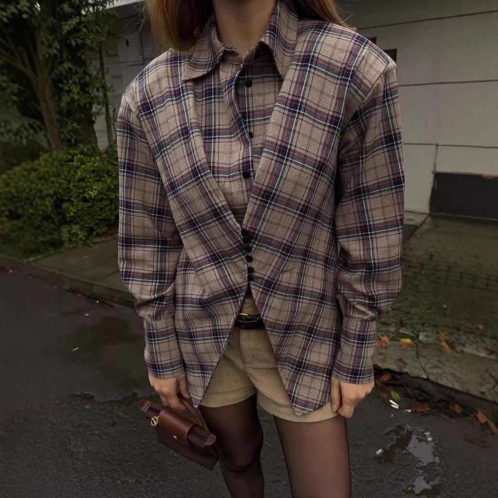 2026 Spring Collection: European & American Style Plaid Shirt - Chic, Casual, Retro Design with Waist-Cinching for a Trendy Look