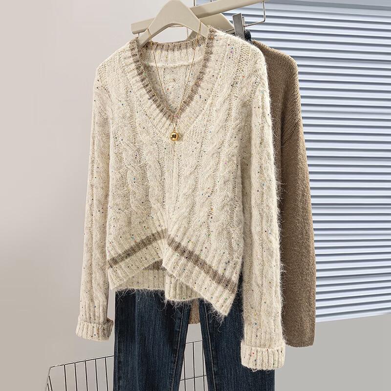 

Women s V-Neck Sequin Cable Knit Sweater One Size