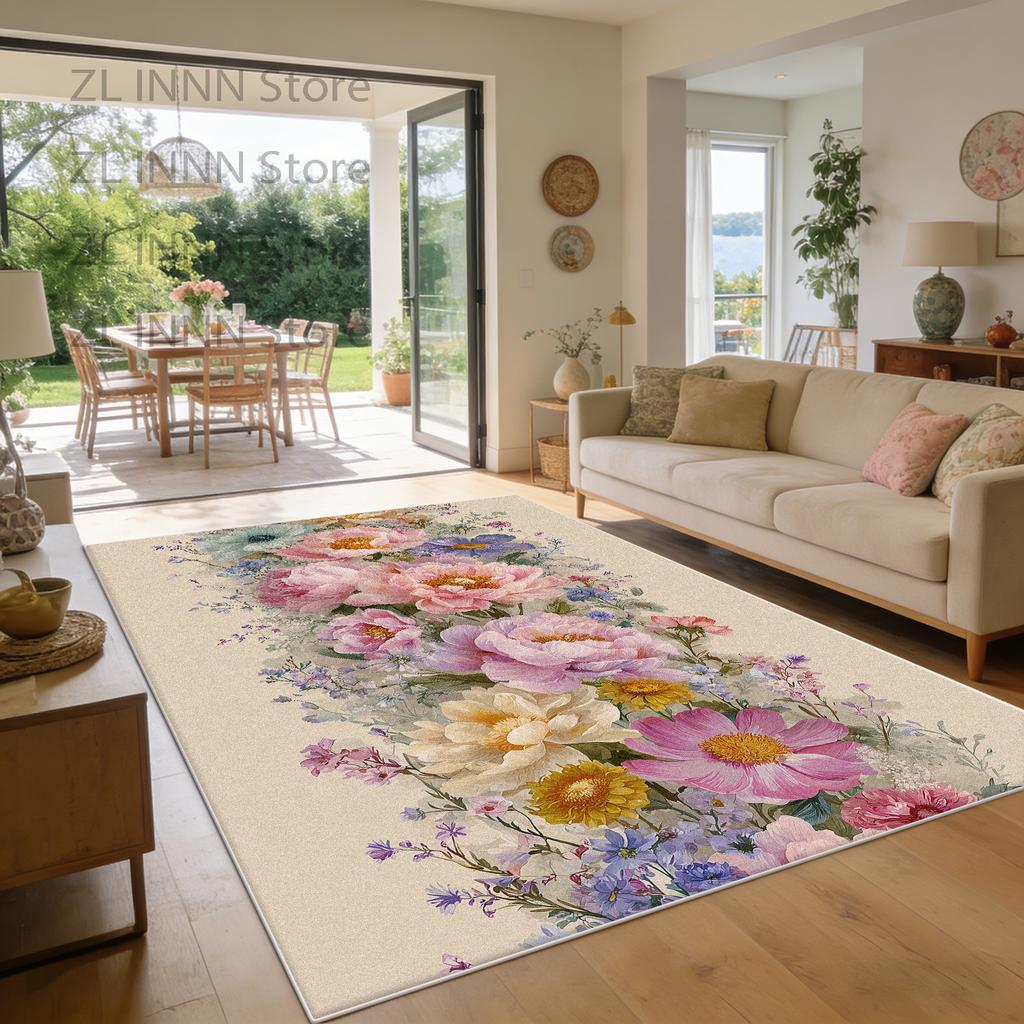 Spring Summer Floral Style Living Room Carpet Fresh Decoration Home Pastoral Area Pile Fabric Rug Sofa Bedroom Plush Floor Mat