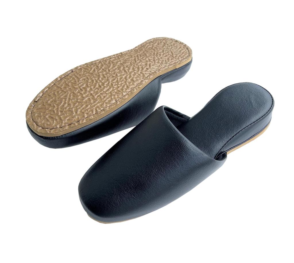 TOKYO SLIPPER Antibacterial Vinyl Slippers of with Thick EVA Safety Slippers for Business and Guest Use Leather-Look (Set 5) Soles, (Black, Large)
