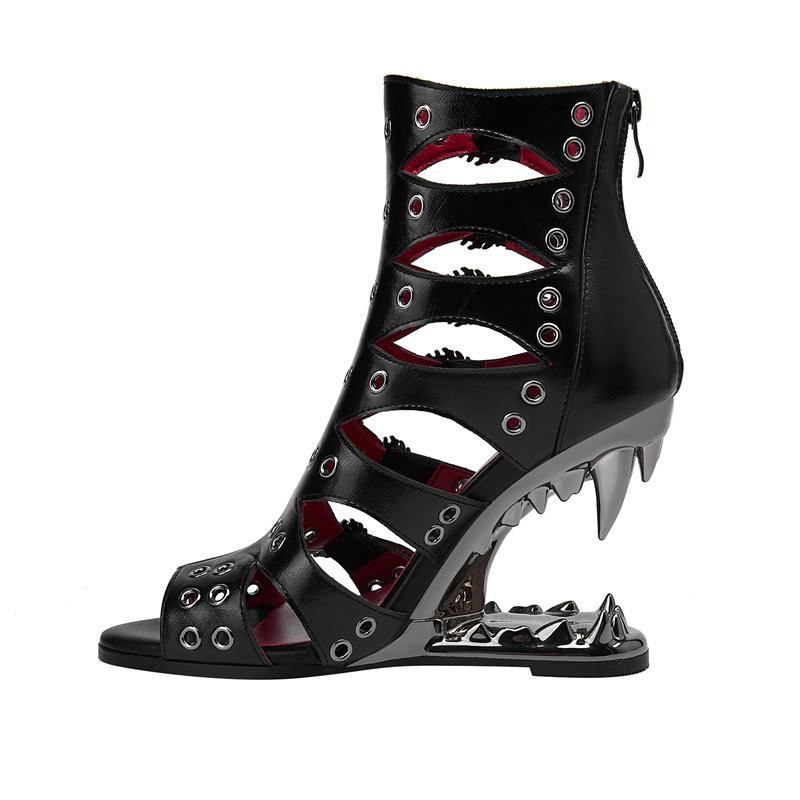 Mode Aushöhlen Tigerzahn Absatz Design Nieten Sandalen Europäisch Amerikanisch Neu Reißverschluss Gürtelschnalle Schwarz Damen Coole Stiefel Größe 43