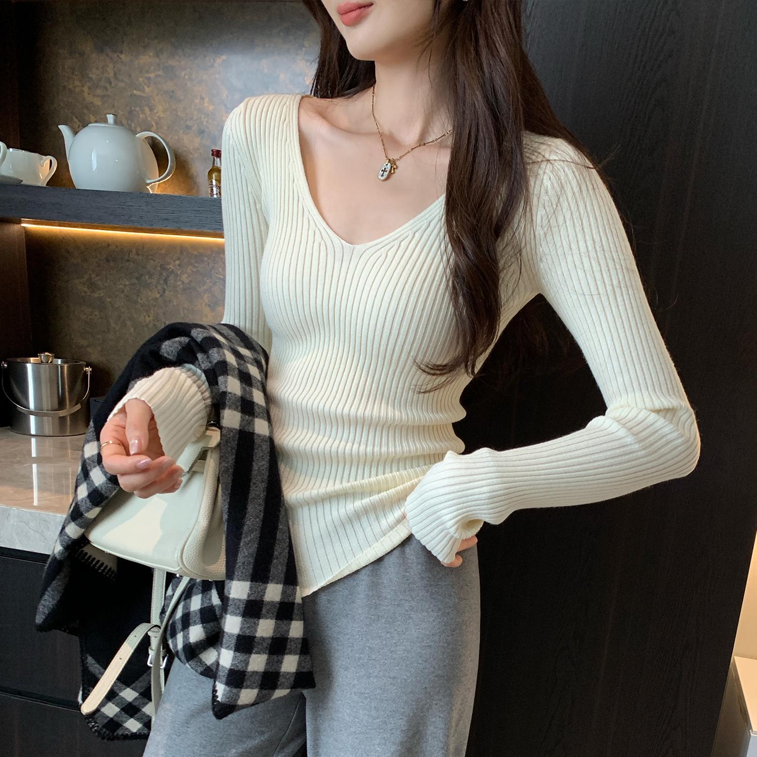 

European Style Purple V-Neck Long Sleeve Knit Top for Women - Slim Fit Autumn 2025 Collection Small кремовый/белый