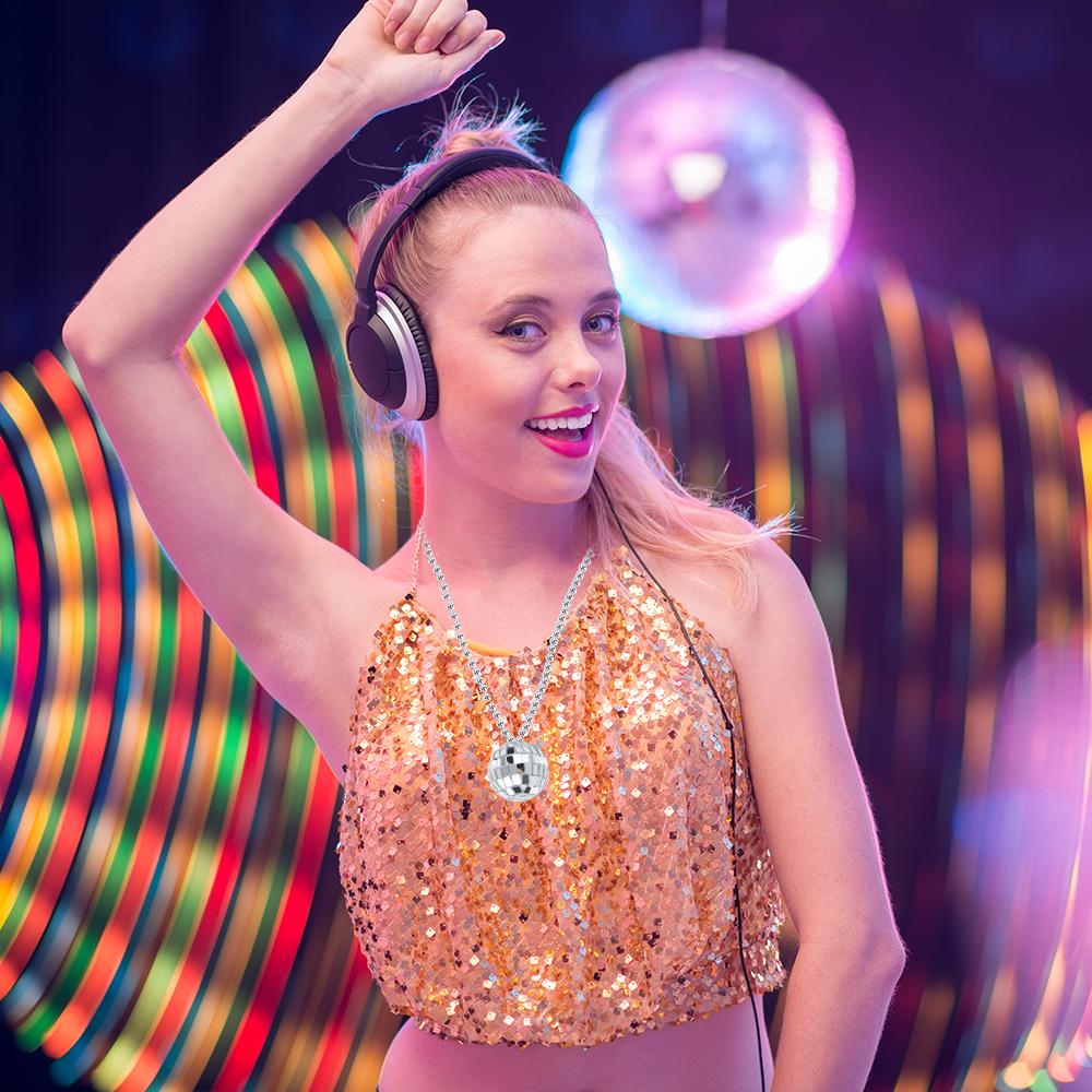 12/20pcs Mirror Disco Ball Necklaces Silver Disco Necklace 70s Disco Party Necklaces Costume Accessories for Dance Party Supply