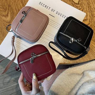 High-End Minimalist Leather Women's Coin Purse & Card Holder with Double Zipper