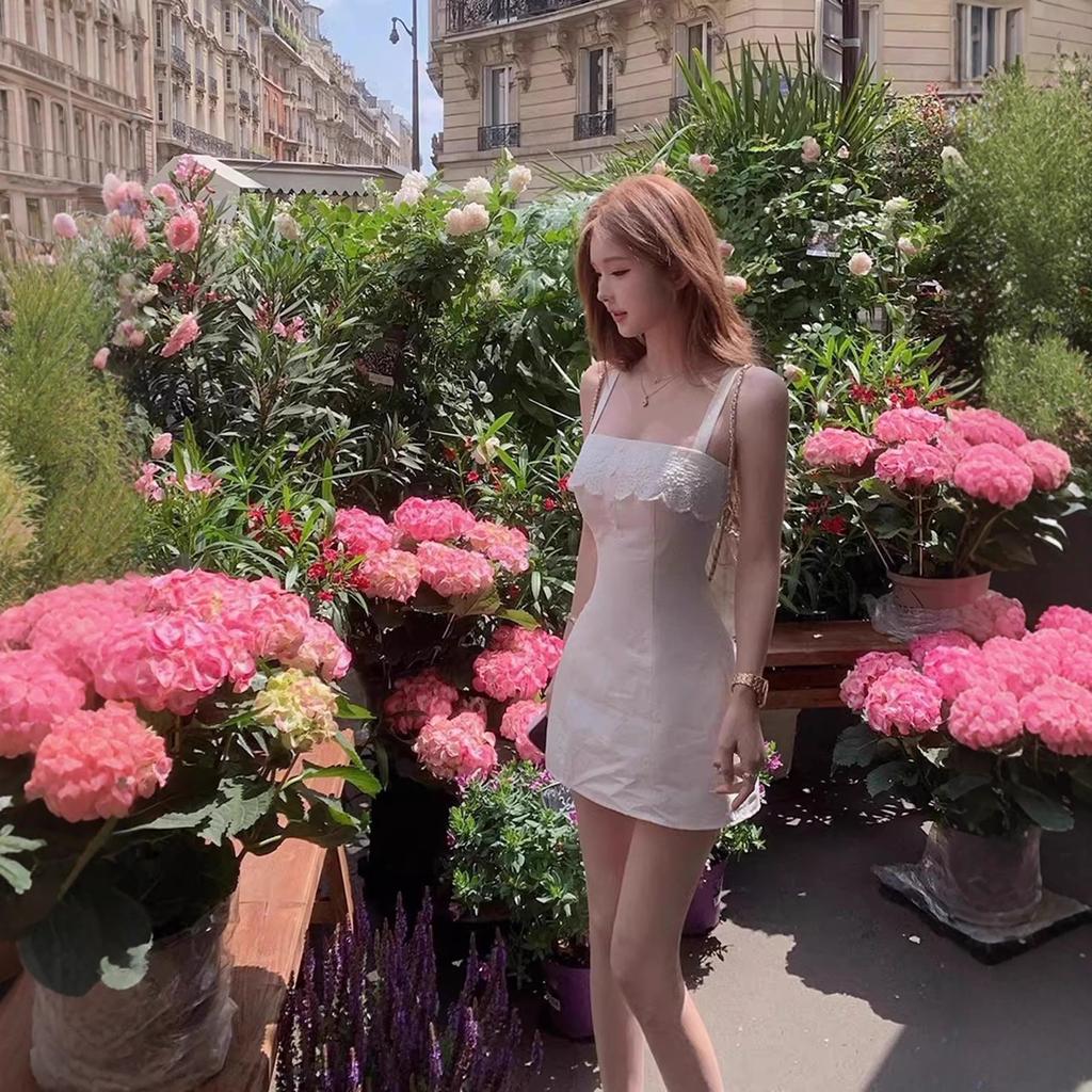French Pure Desire Sweet Small White Suspender Dress Female Summer Gentle Waist Beautiful Fairy Lace Short Skirt
