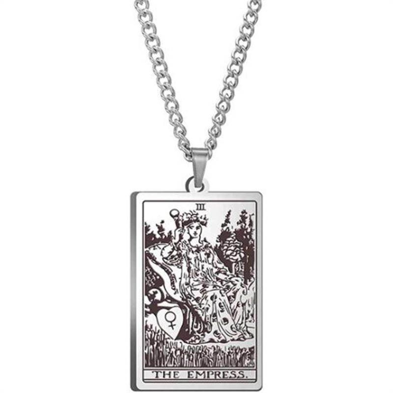 Tarot Stainless Steel Necklace Men'S Hip Hop Personality Retro Square Pendant Sweater Necklace