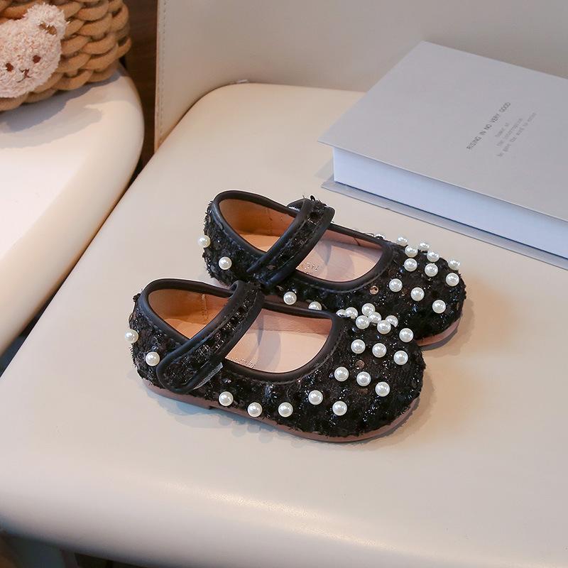 Girls Dance Shoes Elegant Round Toes Kids Flat Shoes Non-slip Soft Sole 2025 New Girls Princess Shoes with Sweet Pearl Ins Trend