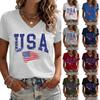 Damen V-Ausschnitt Kurzarm Pullover T-Shirt mit USA Buchstabenaufdruck und Flaggen-Grafik Lässiges Oberteil