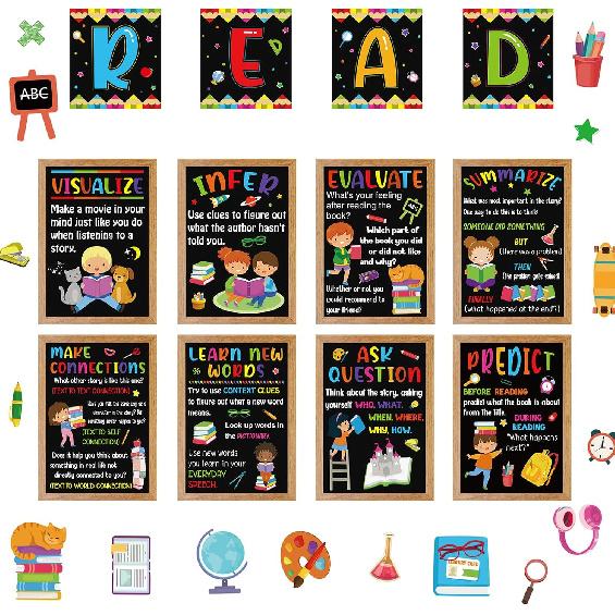BelleAngle 36pcs Reading Strategy Posters Classroom Decorations Educational Reading Bulletin Board Set for Kindergarten PreSchool Daycare Library