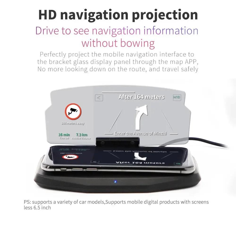 Car Hud Head-Up Display Mobile Phone Stand Hud HD Car Navigation Projector Head-Up Display Wireless Charger Car Bracket 2024