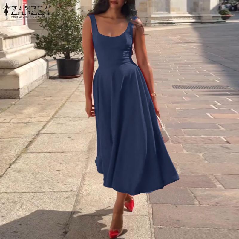 ZANZEA Damen Freizeit U-Ausschnitt Sommer Ärmellos Urlaubs Kleid