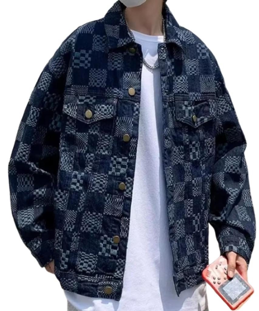 G Jean Blouson Plaid Pattern Denim Outerwear With Collar Pocket Plaid Pattern Street Autumn Winter Spring Winter Street Style Harajuku Casual Student