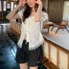 Summer Sweet Lace Spliced Shirts Stylish Drawstring Female Clothing Solid Color Elegant Square Collar French Style Slim Blouse