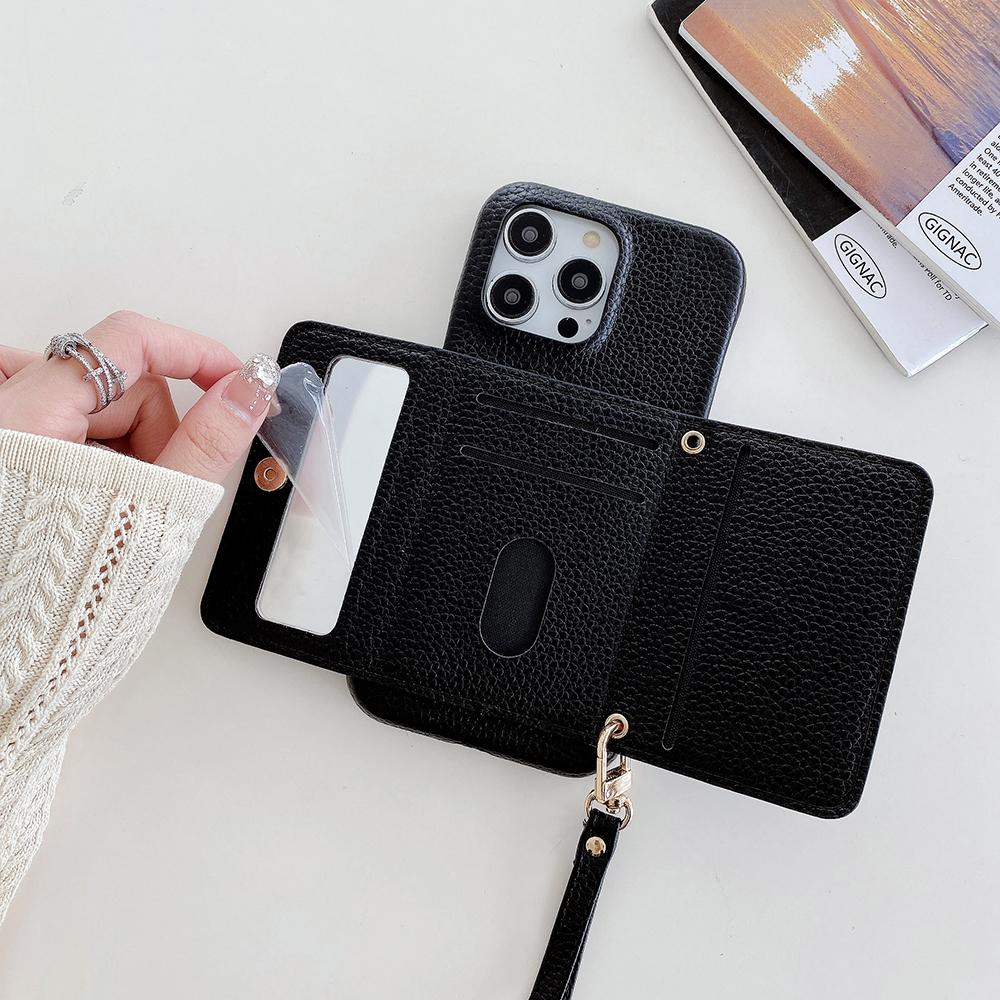 For iPhone 13 Pro Case Mirror Design PU Leather Back Cover with Card Slots,Wrist Strap