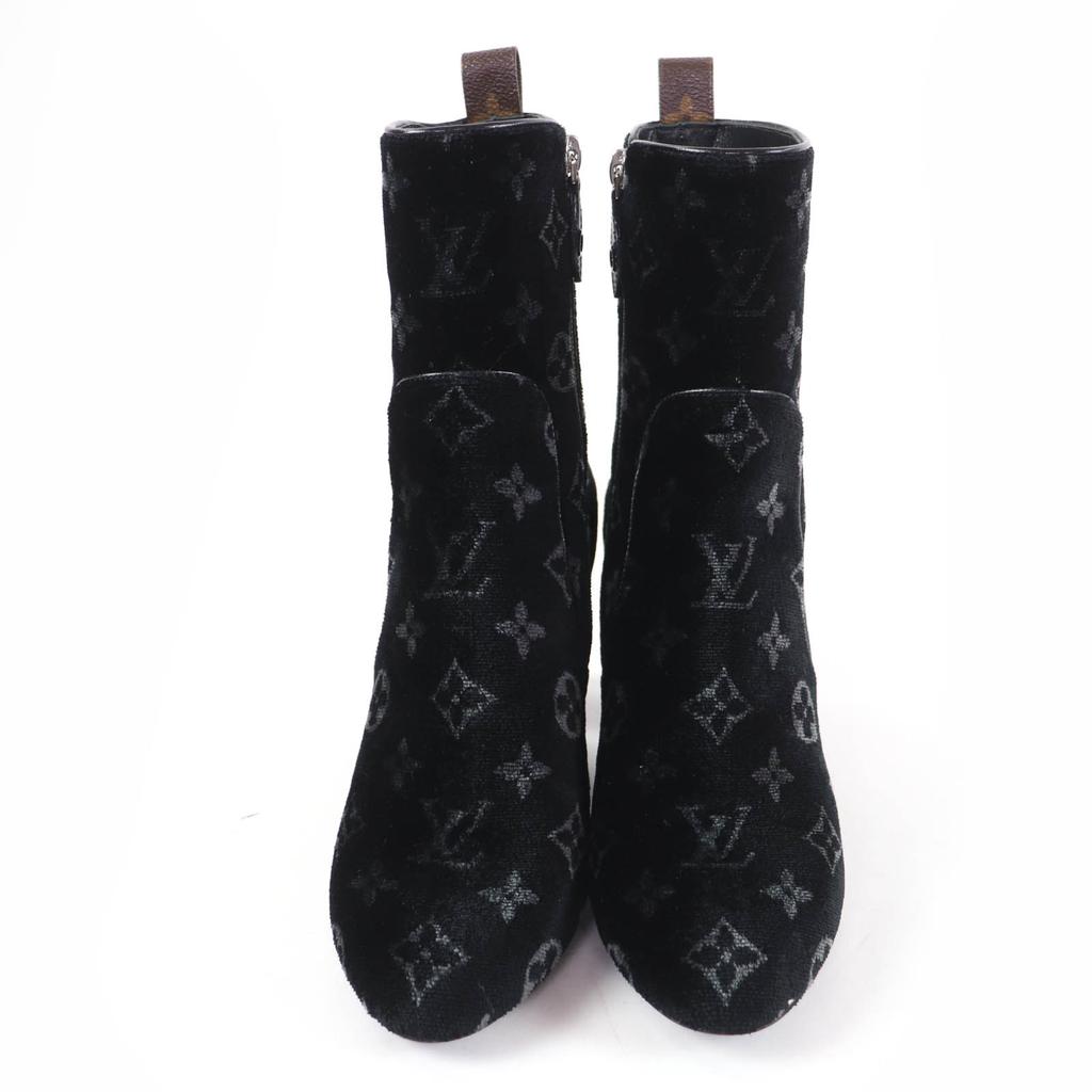Excellent LOUIS VUITTON short boots Silhouette Line Monogram Velour black 37.5 Used