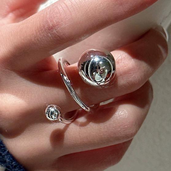 Sam Panda 925 Silver Simple Ring For Women Fine Jewelry Finger Adjustable Open Vintage Big Ball Ring For Party Birthday