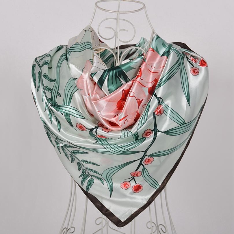 BYSIFA|Navy Blue Pink Silk Square Scarf Printed Women Brand Satin Scarves Shawls China Style Peach Blossom Design Head Scarf