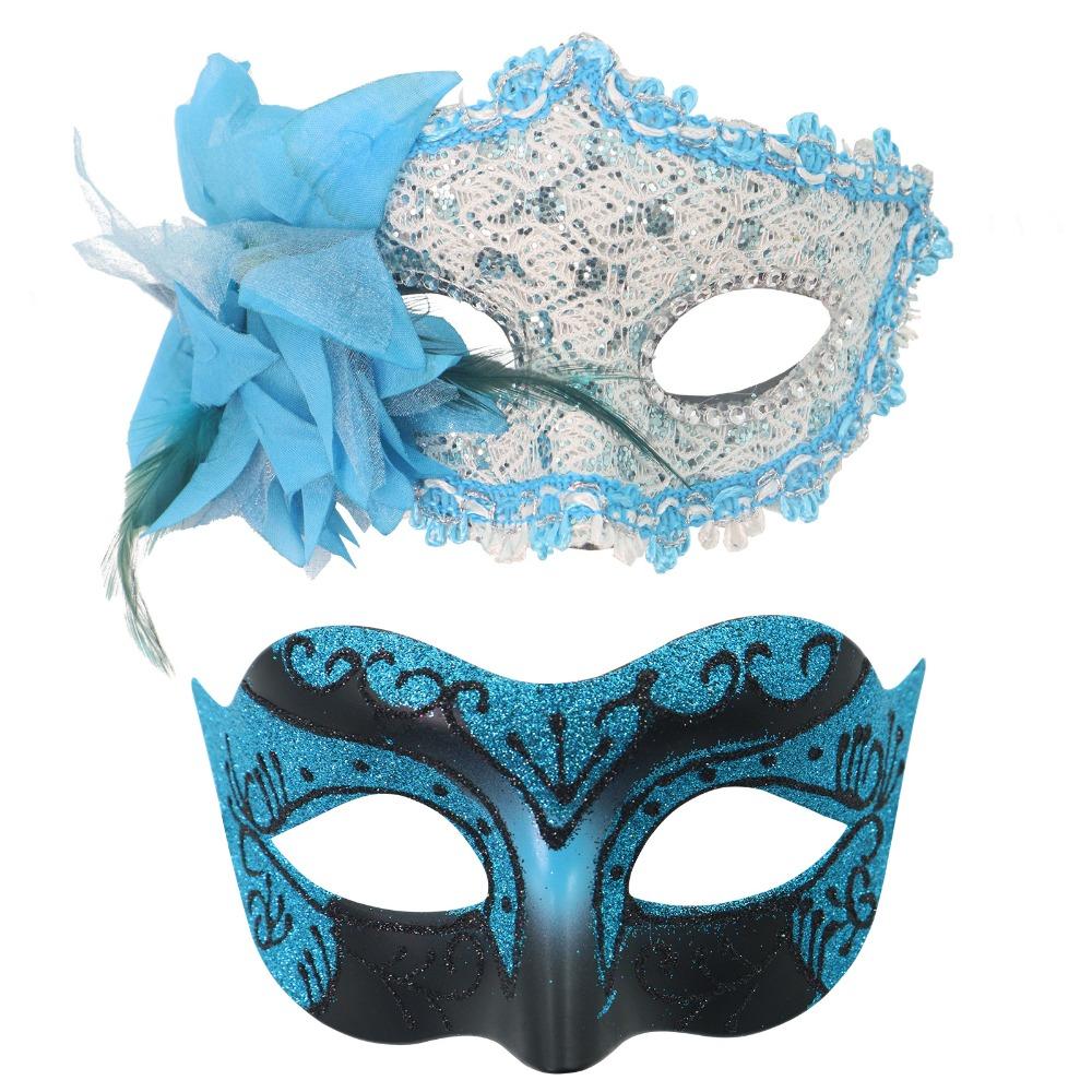 2PCS/set Non-Toxic Material Couple Masks Flower Venice Mask Masquerade Mask  Halloween Celebration C blue