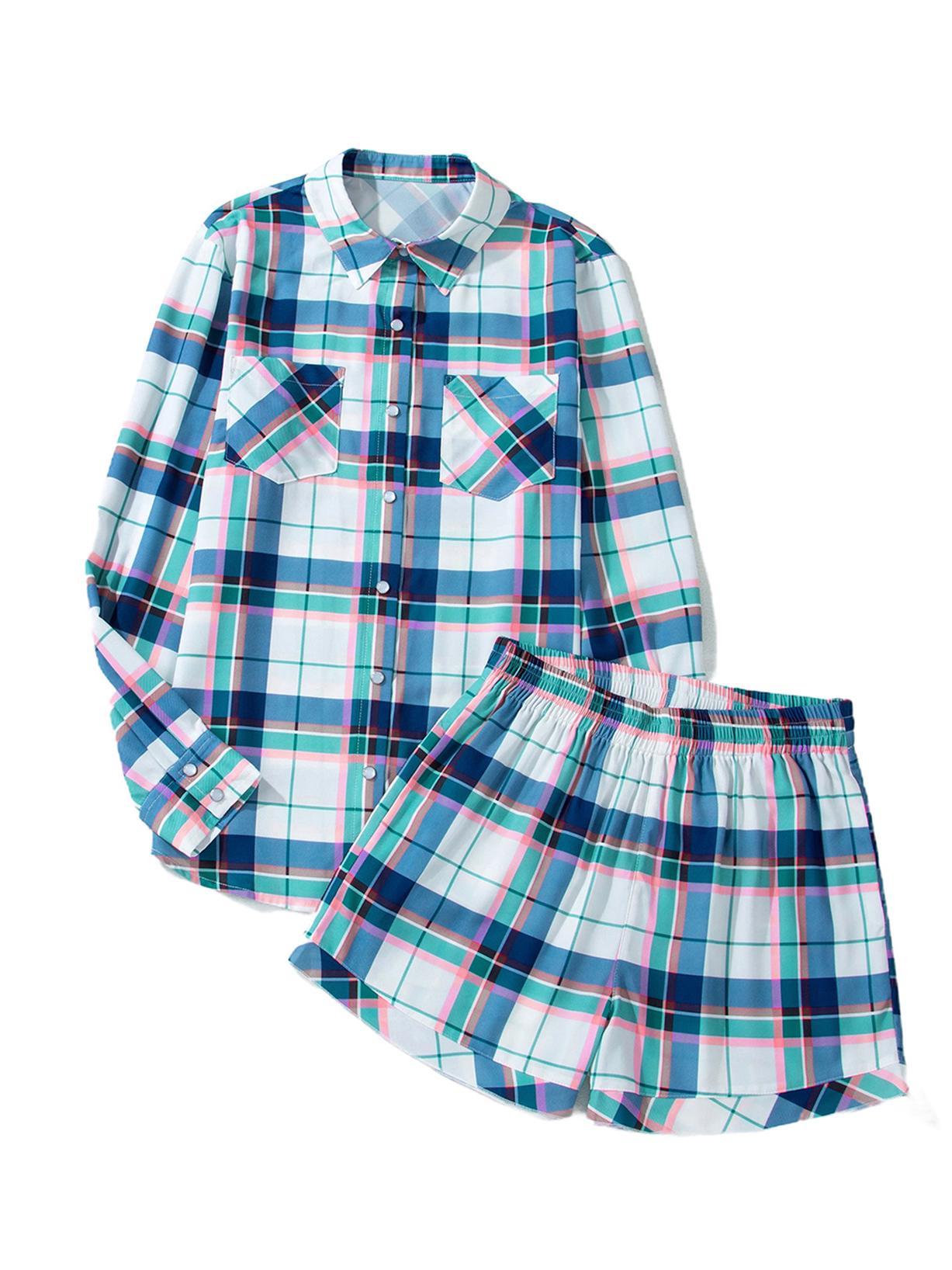 

Shiying Женский осенний клетчатый комплект для дома из двух предметов: рубашка с длинным рукавом и шорты S синий