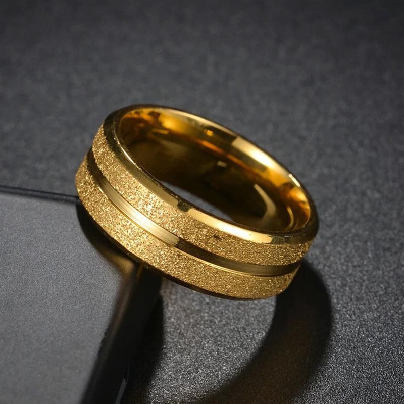 Trendy 8mm Men Frosted Stainless Steel Rings, Gold Color Brushed Groove Beveled Edge Engagement Rings For Men, Wedding Jewelry