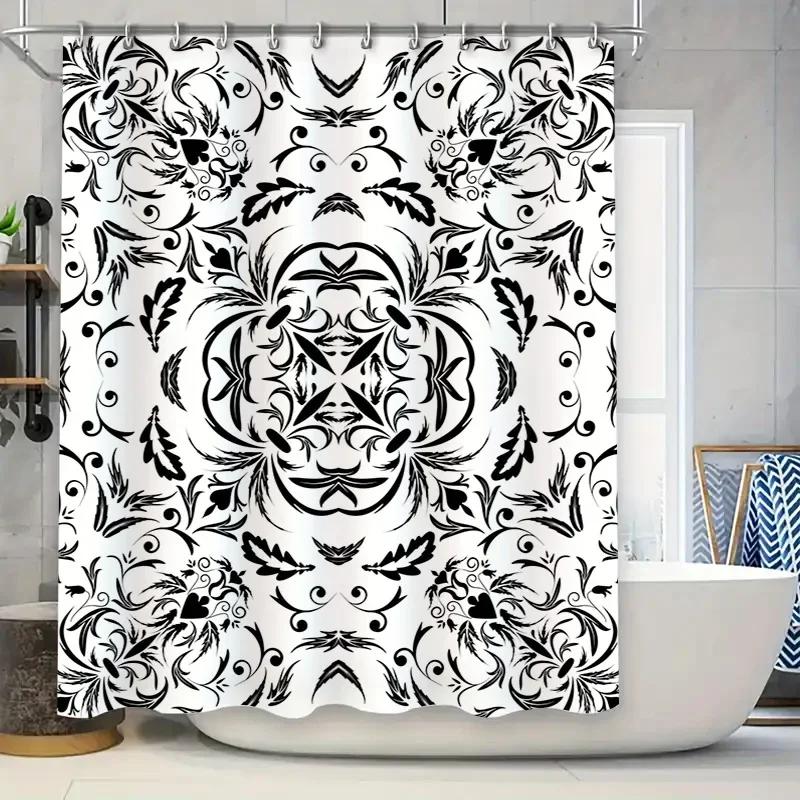 Stylish Floral Bath Shower Curtain Black White Pattern For Bathroom Decor – Waterproof Fabric With Rod Pocket For Easy Hanging I