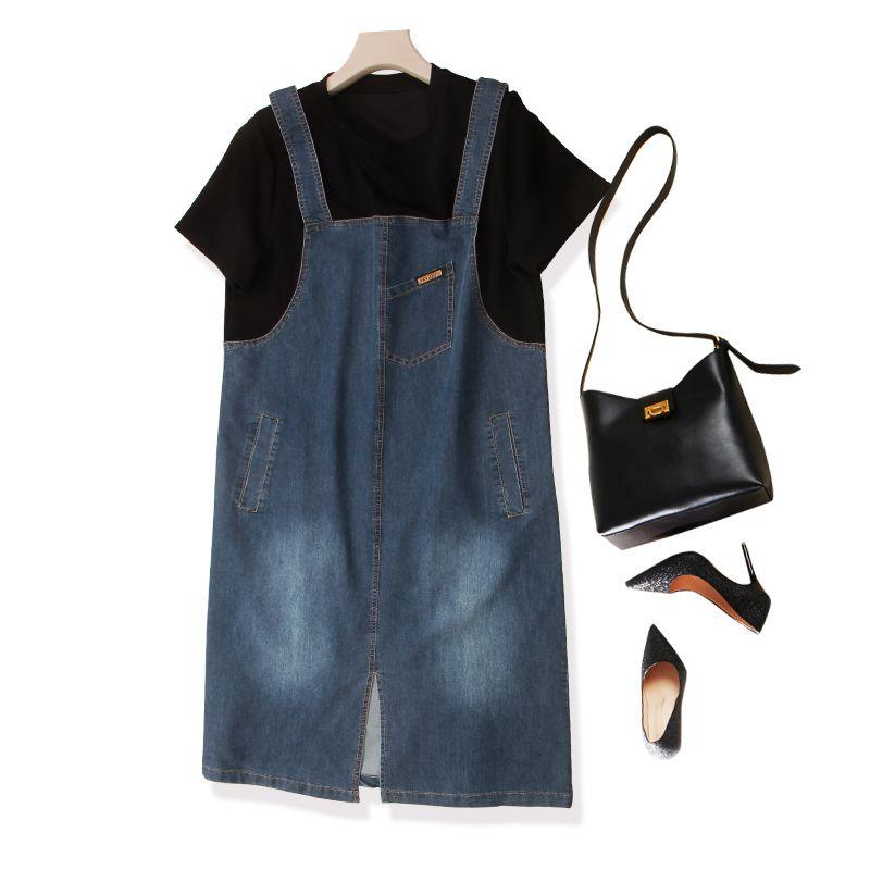 

College Fan Girl Fake Two-Piece Washed Cotton Denim Blue Strap Design Fake Two-Piece Contrast Color Brushed White Dress Summer Blue 4XL