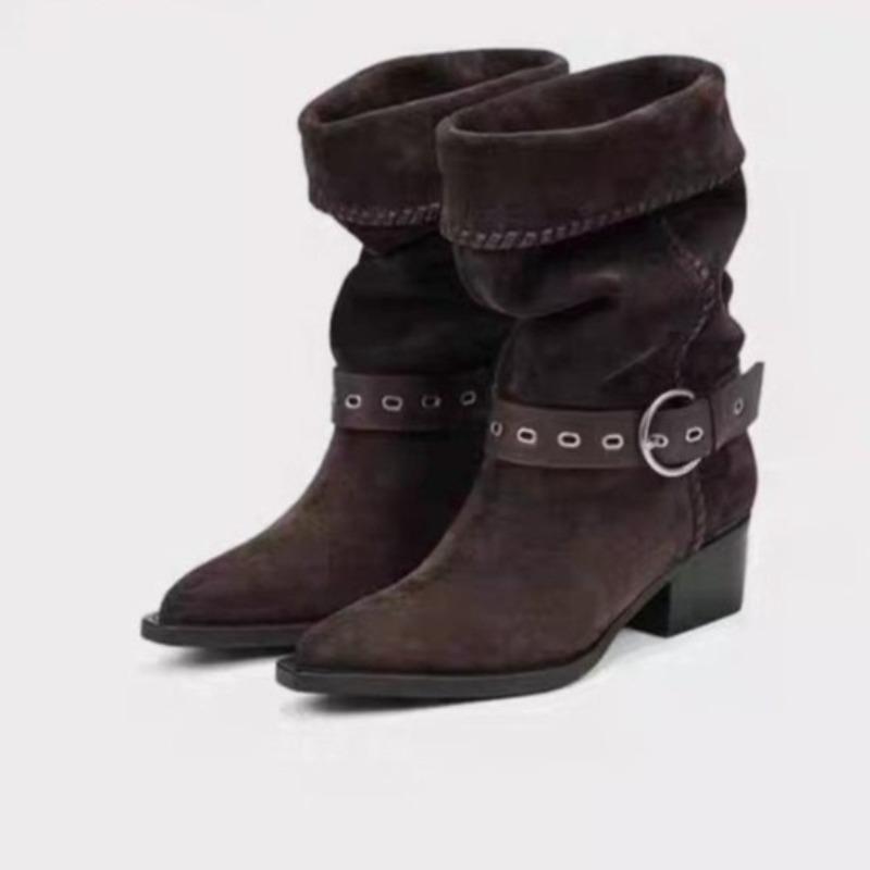 Fashion Pile Boots Women's Fall New Vintage Pointed Toe Suede Studded Metal Buckle Block Heel Western Cowboy Boots
