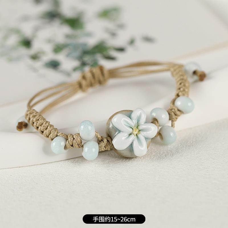 Retro ceramic flower woven bracelet niche literary hand rope small fresh bell bracelet female