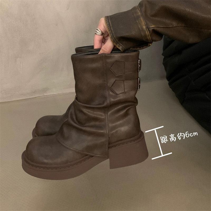 

2024 Модные женские сапоги на платформе для уличной вечеринки в стиле панк с толстой подошвой, женские новые высококачественные ботинки в стиле ретро на массивном высоком каблуке 4.5 коричневый