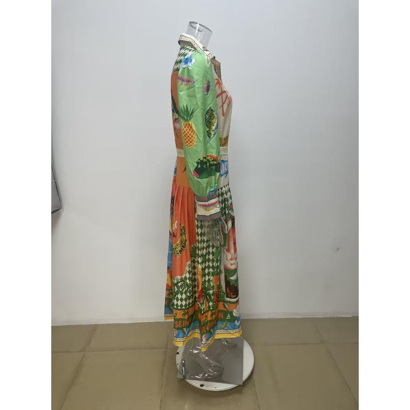 Women's Clothing, Printed, Lantern Sleeves, Waistband, Shirt Skirt, Waist Cinching, Dress