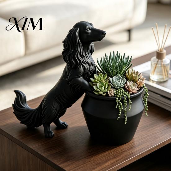 Small Herbaceous Flower Holder 3D Printed Long Haired Dachshund Planter, Cute Dog Flowerpot for Cactus Air Decorative Ceramic Look Pot Plants
