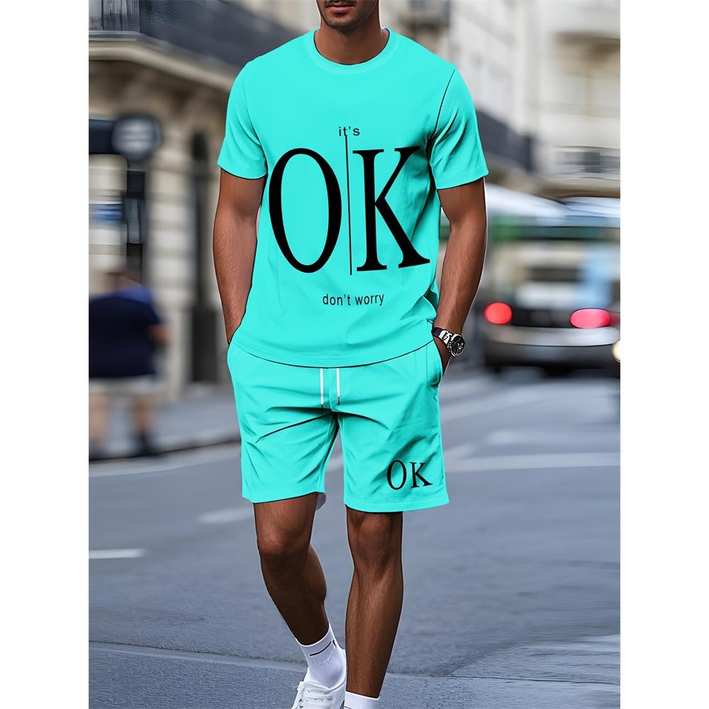 New Summer Men's Outdoor Sports Short Sleeve Breathable Suit Letter Pattern Design Leisure Fashion Street Style Two Piece Set
