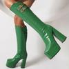 Black Knee High Boots For Women Platform Winter Shoes Green Heels Sexy Long Shoes Zipper Party Boots Lady Large Size