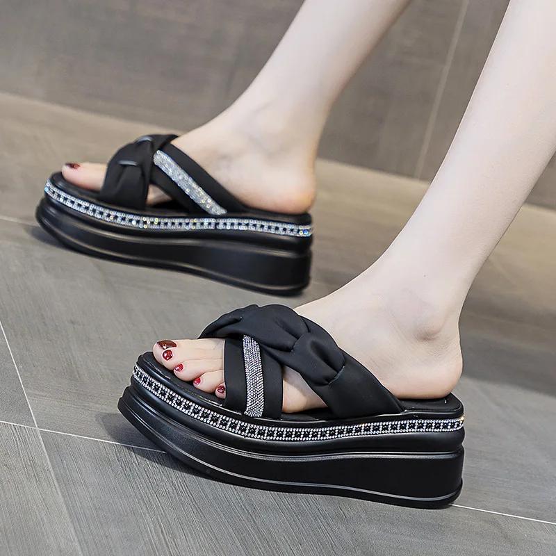 Fashion 7CM Microfiber Leather Women Zandalias De Mujer Females Buckle Platform Peep Toe Slippers Summer Wedge Flat Sandals Slides Shoes