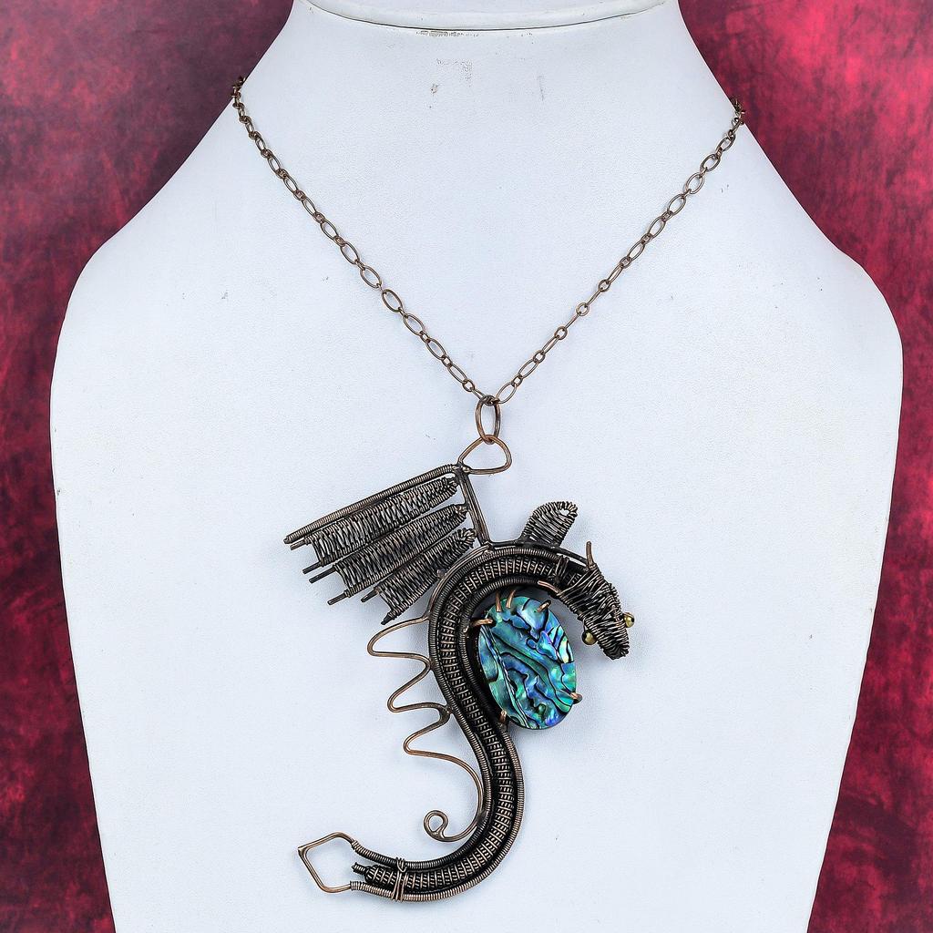 Abalone Shell Pendant Copper Wire Wrapped Jewelry Dragon Pendant Handmade Gemstone Jewelry Copper Pendant Gifts for Mother Wire Wrap Pendant